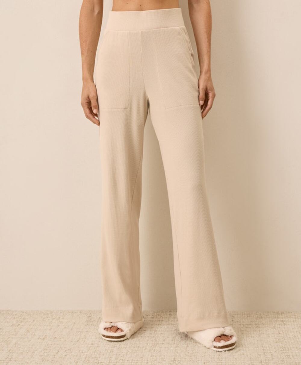 Pact Organic Women's Sandshell Cream Easy Rib Wide Leg Lounge Pants Sz L Organic